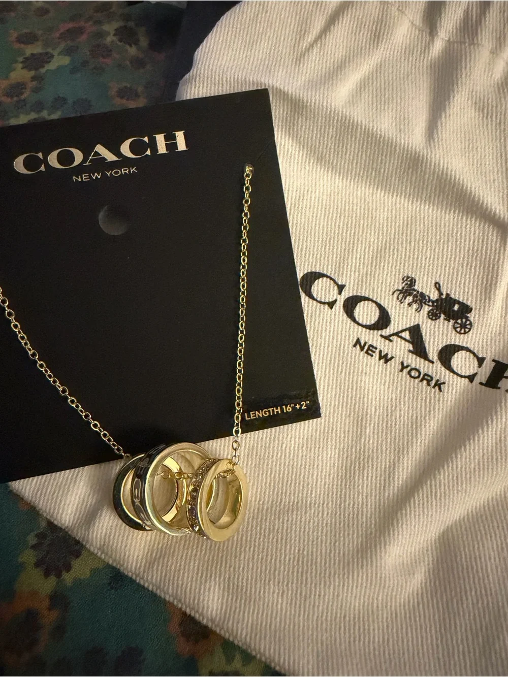 COACH Gold-Tone Yellow and Green Enamel Ring Pendant Necklace